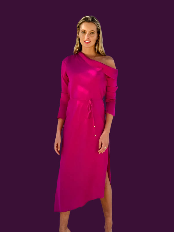One Shoulder Satin Dress - berry pink