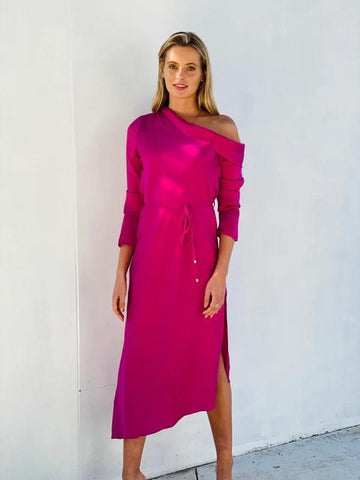 One Shoulder Satin Dress - berry pink