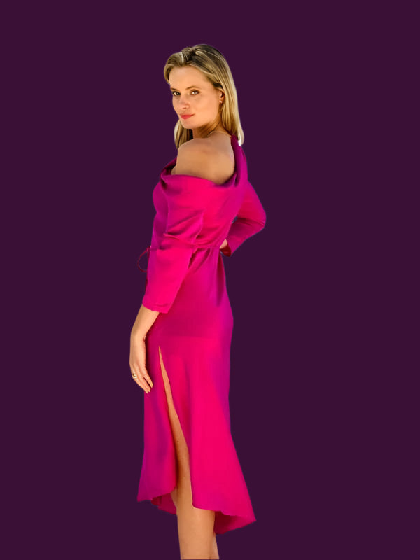 One Shoulder Satin Dress - berry pink